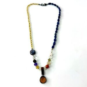 Vintage Amber Glass Pendant, Multi Colored Citrine Necklace, Summer Necklace